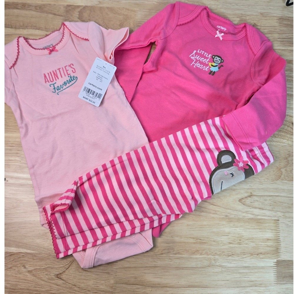 Carters Baby Girl 3 Piece Set 9M Pink Monkey Auntie Favorite Bodysuits Pants NEW